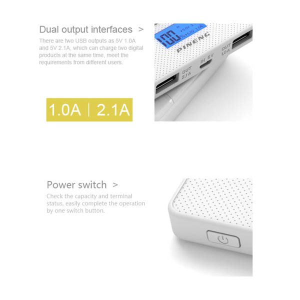 პორტატული დამტენი Pineng PN983S, 10000mAh, USB, Power Bank, White