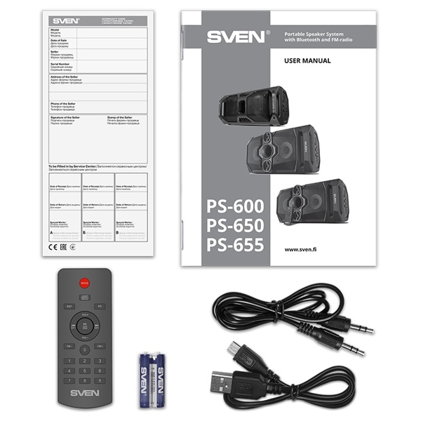 დინამიკი Sven PS-655 Speaker System 50W, TWS, Bluetooth, FM, USB, microSD, LED-display, RC, 2x4400mAh, Black