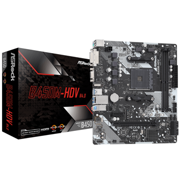 დედა დაფა ASRock  B450M-HDV R4.0, DDR4 3200+(OC), HDMI, DVI-D, D-Sub, Realtek Gigabit LAN