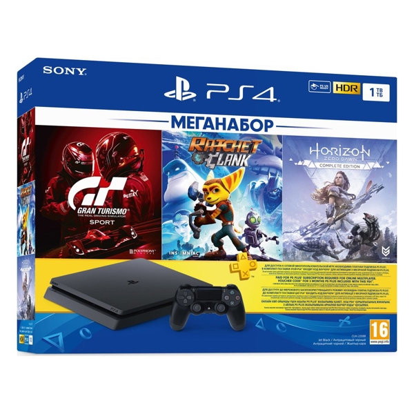 სათამაშო კონსოლი Sony PlayStation 4 Slim 1TB with Horizon Zero Down+Ratchet, Clank+Gran Turismo Black