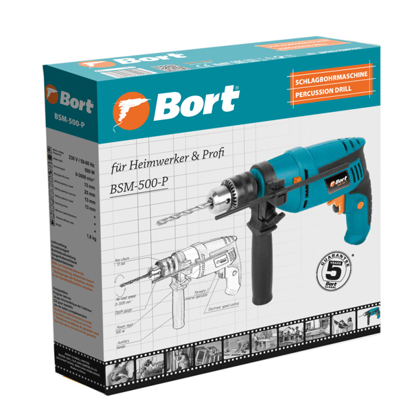 ბურღი Bort BSM-500-P, 500W, 13mm, 3000rpm Percussion Drill