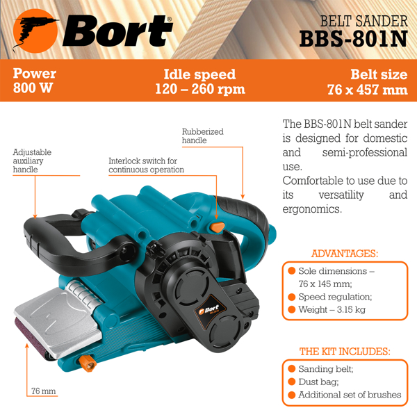 ლენტური სახეხი Bort BBS-801N, 800W, Belt Sander With Dust Bag