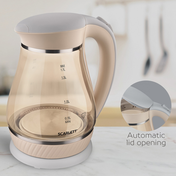 ელექტრო ჩაიდანი Scarlett SC-EK27G83, 2200W, 1.7L, Electric kettle, Beige 