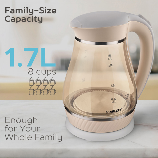 ელექტრო ჩაიდანი Scarlett SC-EK27G83, 2200W, 1.7L, Electric kettle, Beige 