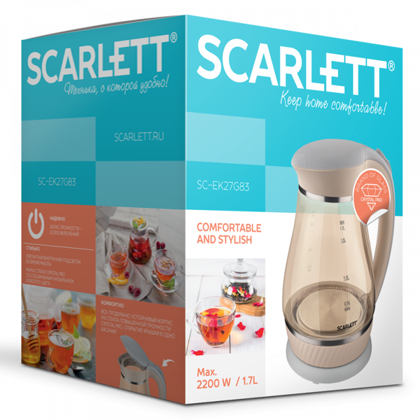 ელექტრო ჩაიდანი Scarlett SC-EK27G83, 2200W, 1.7L, Electric kettle, Beige 