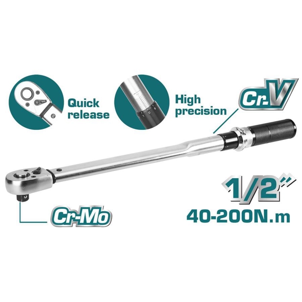 დინამომეტრ ქანჩ გასაღები Total THPTW200N2, 40-200nm, 1/2", Silver