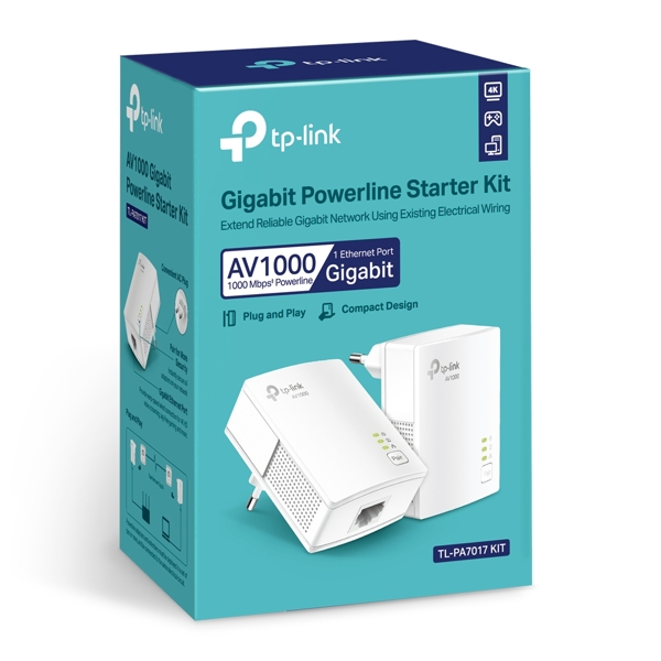 ინტერნეტის გადამცემი TP-Link TL-PA7017 KIT,  AV1000 Gigabit Powerline Starter Kit, White