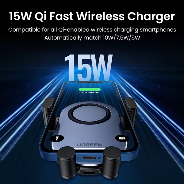 უსადენო დამტენი UGREEN CD256 (40118) Wireless Car Charger, 15W Auto Induction Phone Holder, Black