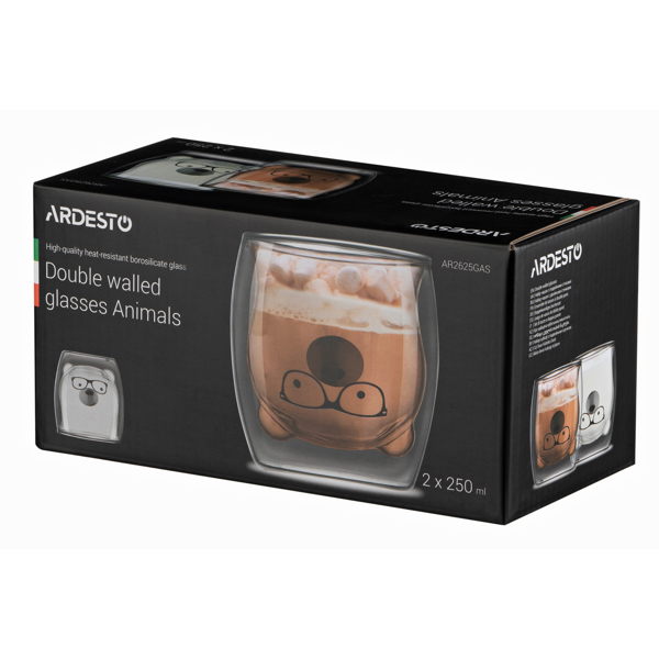 ჭიქების ნაკრები Ardesto AR2625GAS 250ml, 2 pcs Double Wall Borosilicate Glass Mug Set Animals