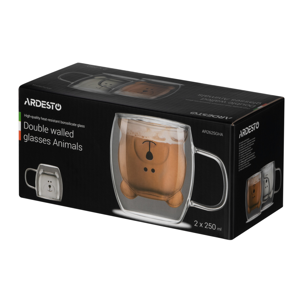 ჭიქების ნაკრები Ardesto AR2625GHA 0.25l, 2 pcs Double Wall Borosilicate Glass Mug Set Animals With Handles