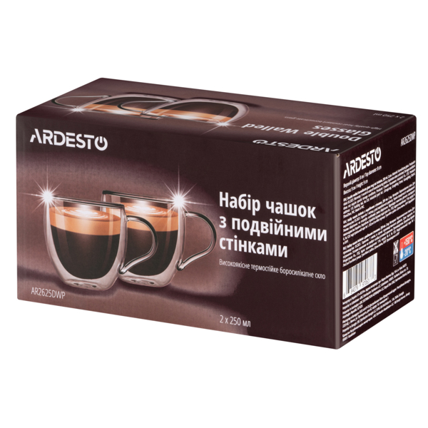 ჭიქების ნაკრები Ardesto AR2625DWP 250ml, 2 pcs Double Wall Borosilicate Glass Mug Set With Handles