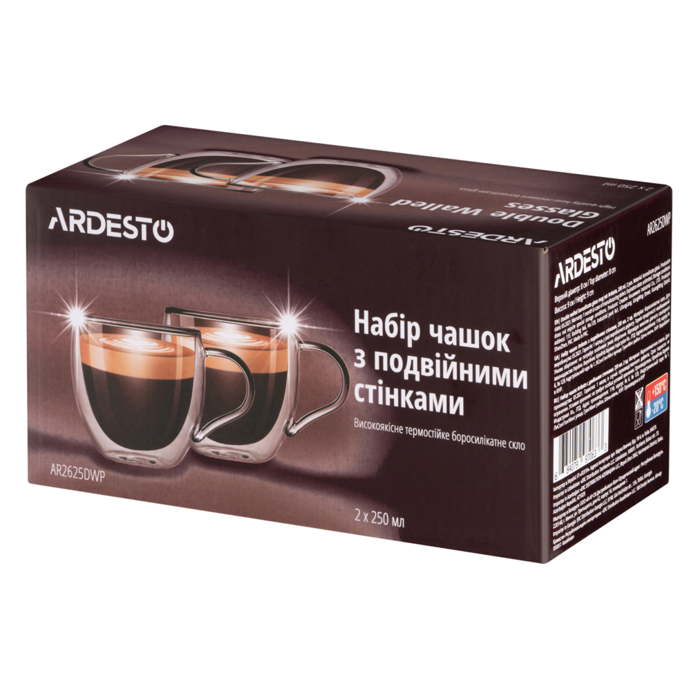 Ardesto AR2625DWP 0.25l, 2 pcs Double Wall Borosilicate Glass Mug Set With Handles