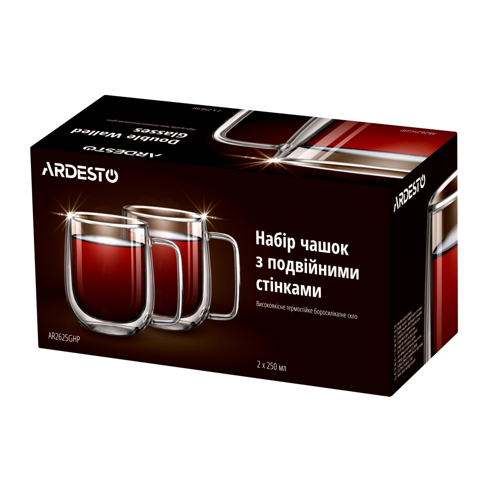 ჭიქების ნაკრები Ardesto AR2625GHP 0.25l, 2 pcs Double Wall Borosilicate Glass Mug Set With Handles