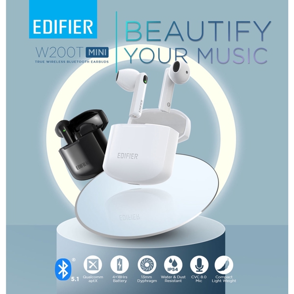 ყურსასმენი Edifier W200T mini, TWS Bluetooth, IP54, Wireless Earbuds, Black