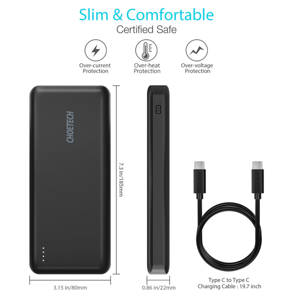 პორტატული დამტენი Choetech B626, 20000mAh, Micro USB, Type-c, USB-A, Power Bank, Black