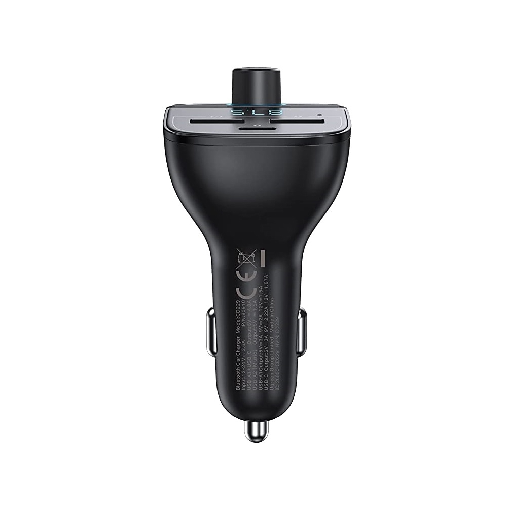მობილურის დამტენი UGREEN CD229 (80910), Bluetooth FM Car Charger, PD, USB Flash Drive, Black