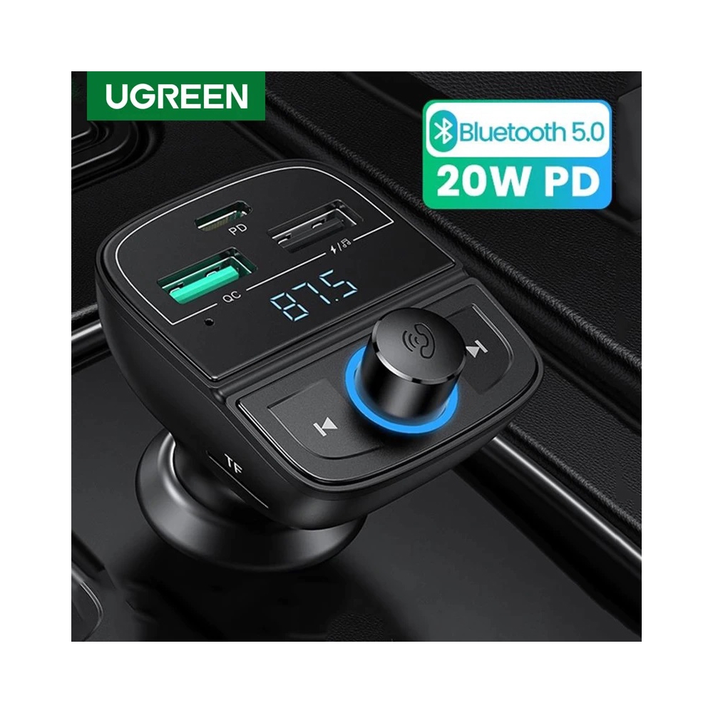 მობილურის დამტენი UGREEN CD229 (80910), Bluetooth FM Car Charger, PD, USB Flash Drive, Black