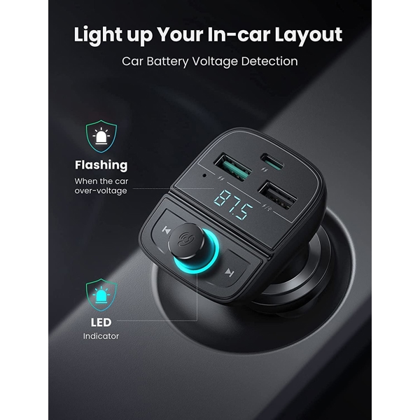 მობილურის დამტენი UGREEN CD229 (80910) Bluetooth Car Charger BT5.0, PD, QC3.0, USB Flash Drive, TF, Black