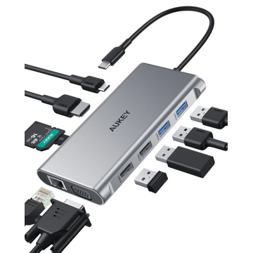 USB ჰაბი Aukey CB-C89, 10-in-1, USB-C Hub, Silver