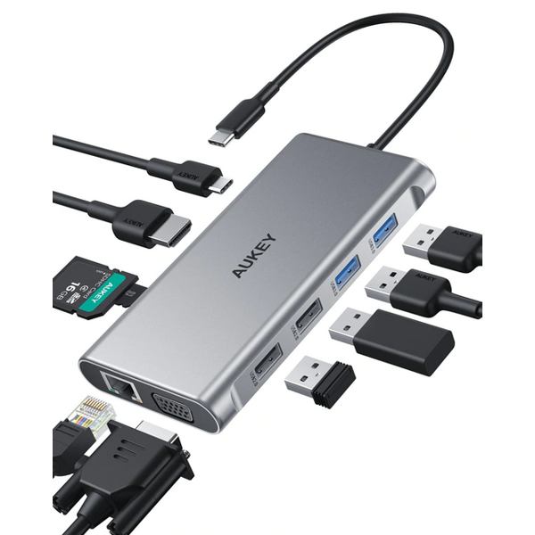 USB ჰაბი Aukey CB-C89, 10-in-1, USB-C Hub, Silver