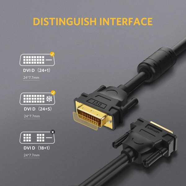 DVI კაბელი UGREEN DV101 (11604) DVI-D 24+1 Male to Male Dual Link Video Cable, 2m, Black