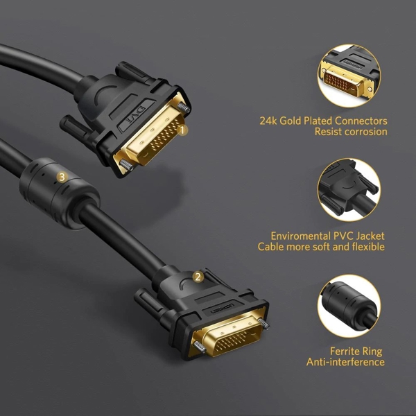 DVI კაბელი UGREEN DV101 (11604) DVI-D 24+1 Male to Male Dual Link Video Cable, 2m, Black