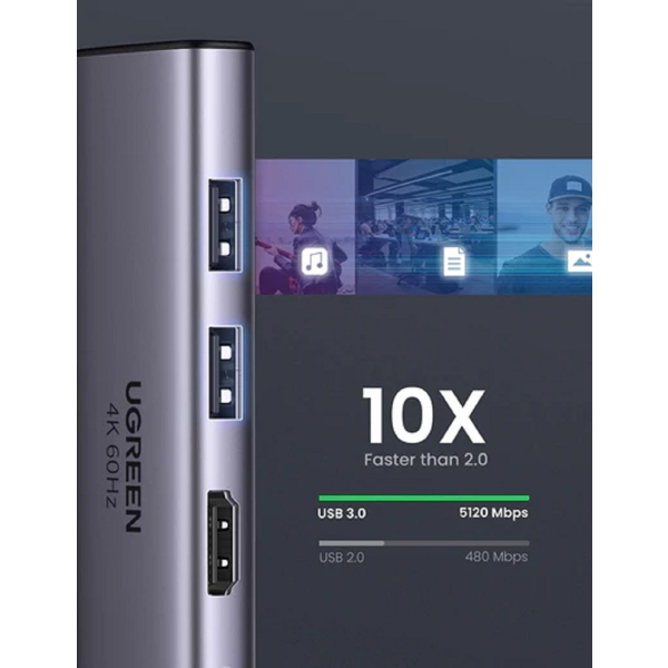 USB-C ჰაბი UGREEN CM511 (60384), 3xUSB 3.0, HDMI, TF/SD, PD, Gray