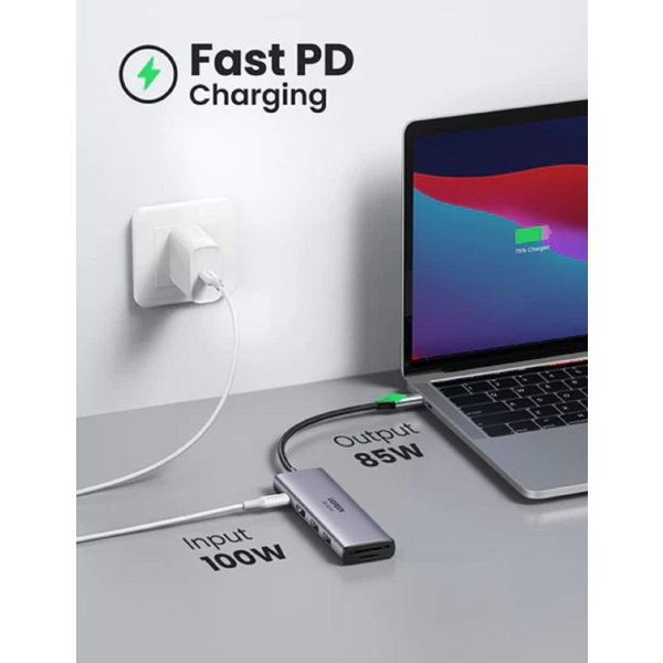 USB-C ჰაბი UGREEN CM511 (60384), 3xUSB 3.0, HDMI, TF/SD, PD, Gray