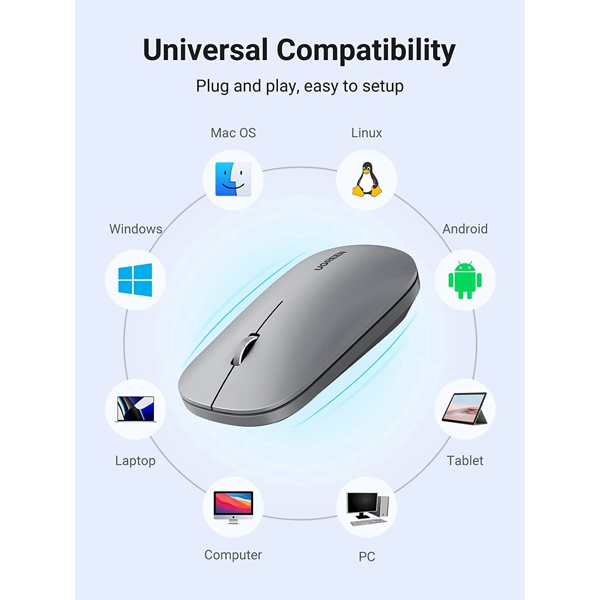 მაუსი UGREEN MU001 (90373) Wireless 2.4G Slim Silent Mouse, 4000DP, Gray