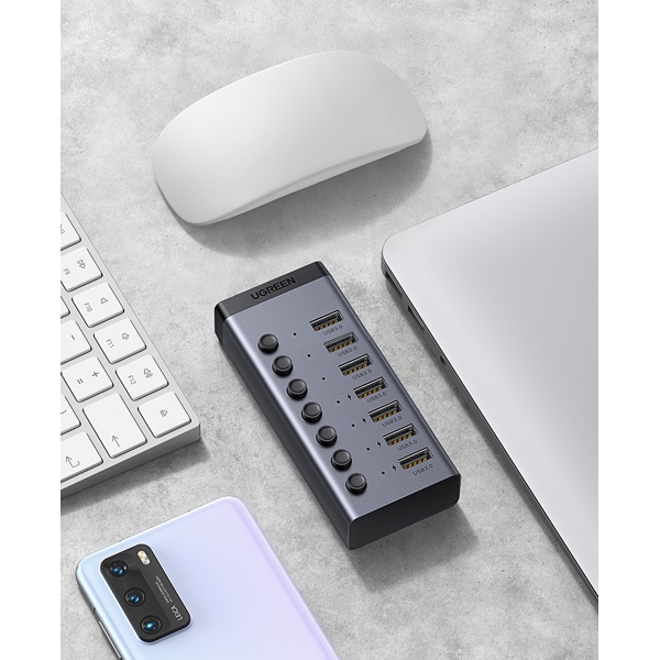 USB ჰაბი UGREEN CM481 (30778) 7-Port Type-C USB 3.0 Hub with USB-B to USB 3.0 Male Cable, Gray