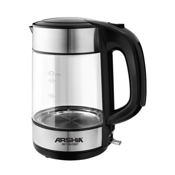 Arshia GK118-2387, 2000W, 1.7L, Glass Kettle, Black/Silver