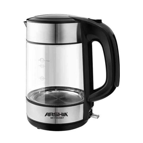 Arshia GK118-2387, 2000W, 1.7L, Glass Kettle, Black/Silver