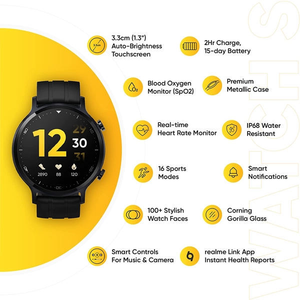 სმარტ საათი Realme RMA207 Watch S, 1.3", Bluetooth, Black