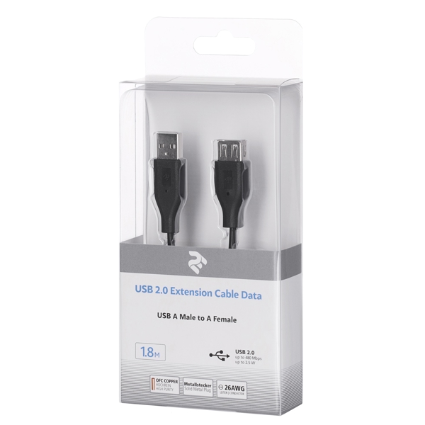 2E 2E-W-3168, USB 2.0 Male to USB 2.0 Female, 1.8m, Black