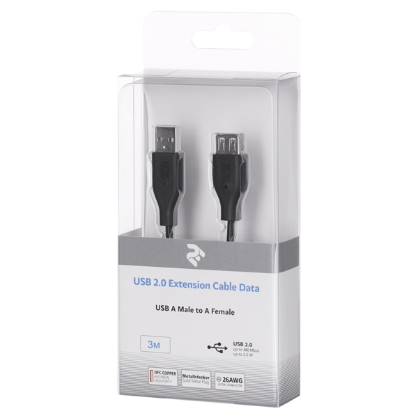 2E 2E-W-3168M3, USB 2.0/A Male to USB 2.0/A Female, Printer Cable, 3m, Black