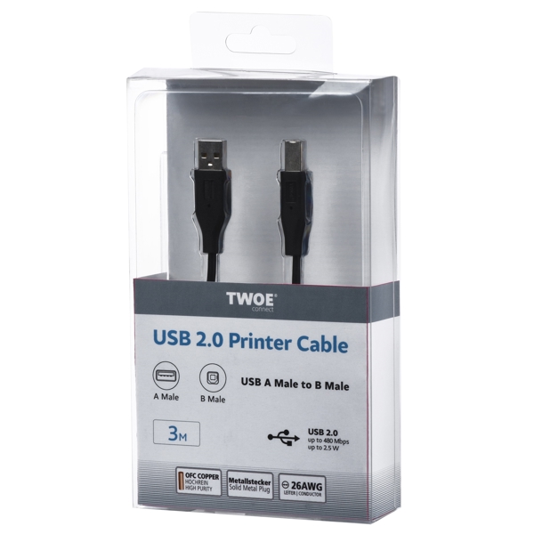 პრინტერის კაბელი 2E 2E-W-3169m3, USB 2.0 type A to USB 2.0 type B, 3m, Black