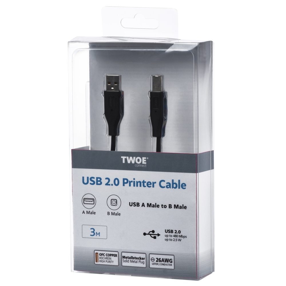 2E 2E-W-3169m3, USB 2.0 type A to USB 2.0 type B, 3m, Black