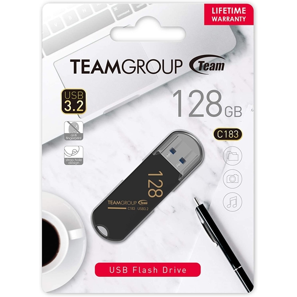 USB ფლეშ მეხსიერება Team C183, 128GB, USB 3.2 (3.1/3.0), Black