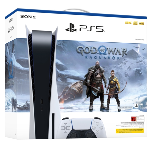 Sony PlayStation 5, PS5 Console, Disc Version God of War Ragnarok Bundle + Extra DualSense, White