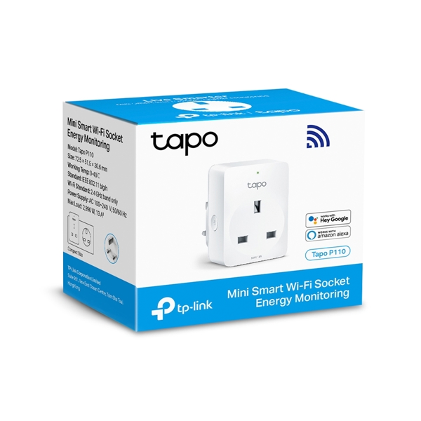 Smart დენის სოკეტი TP-Link Tapo P110, Mini Smart Wi-Fi Socket, Energy Monitoring, White