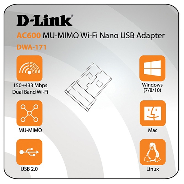 Wi-Fi ადაპტერი D-Link DWA-171 AC600 Wireless Dual Band MU-MIMO USB Adapter, Black