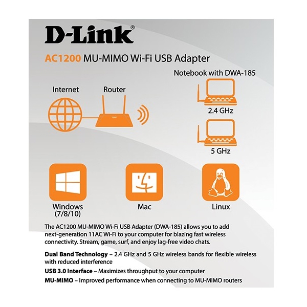 Wi-Fi ადაპტერი D-Link DWA-185, AC1200 Wireless Dual Band USB 3.0 Adapter, Black