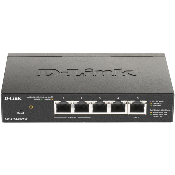 სვიჩი D-Link DGS-1100-05PDV2, Configurable L2 switch, 5 ports 10/100/1000Base-T, Black