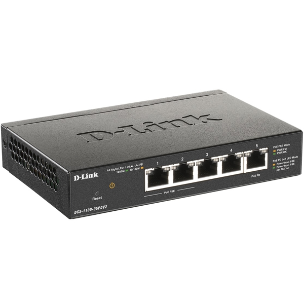 სვიჩი D-Link DGS-1100-05PDV2, Configurable L2 switch, 5 ports 10/100/1000Base-T, Black