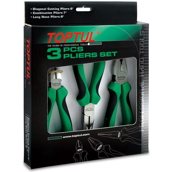 ბრტყელტუჩების ნაკრები Toptul GAAE0302, 3Pcs Pliers Set, Green/Black