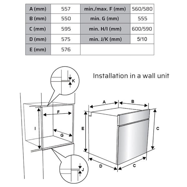 ჩასაშენებელი ელექტრო ღუმელი Vox EBB7226, 1200W, 65L, Built-In, Silver