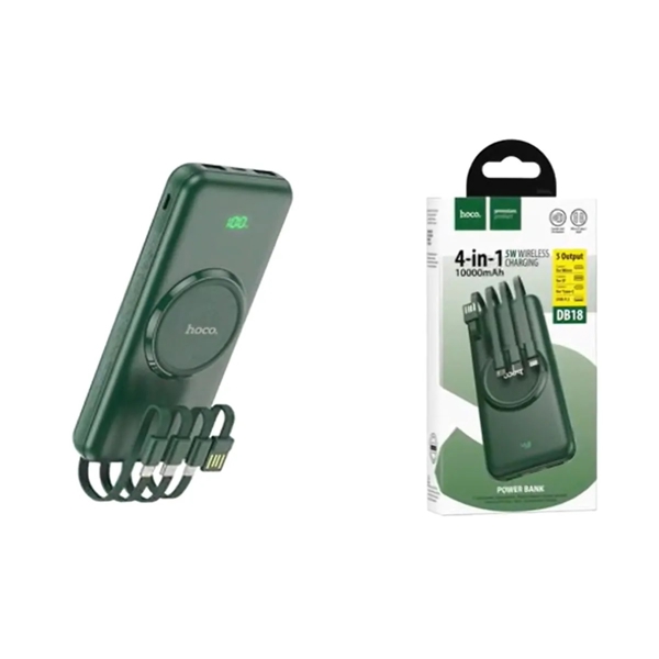პორტატული დამტენი Hoco DB18, 10000mAh, USB, Type-C, microUSB, Lightning, Power Bank, Dark Green