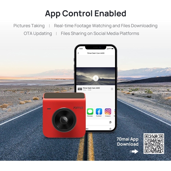 Xiaomi 70mai Dash Cam A400 + Rear Cam, Resolution 2560x1440, WiFi, LCD Screen, 145° Wide Angle, Red