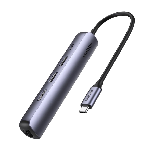 USB-C ჰაბი UGREEN CM418 (10919), 5-in-1 Ultra Slim Hub, USB 3.0, HDMI, RJ45, PD, Gray