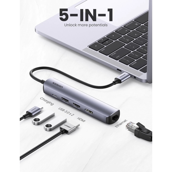 USB-C ჰაბი UGREEN CM418 (10919), 5-in-1 Ultra Slim Hub, USB 3.0, HDMI, RJ45, PD, Gray